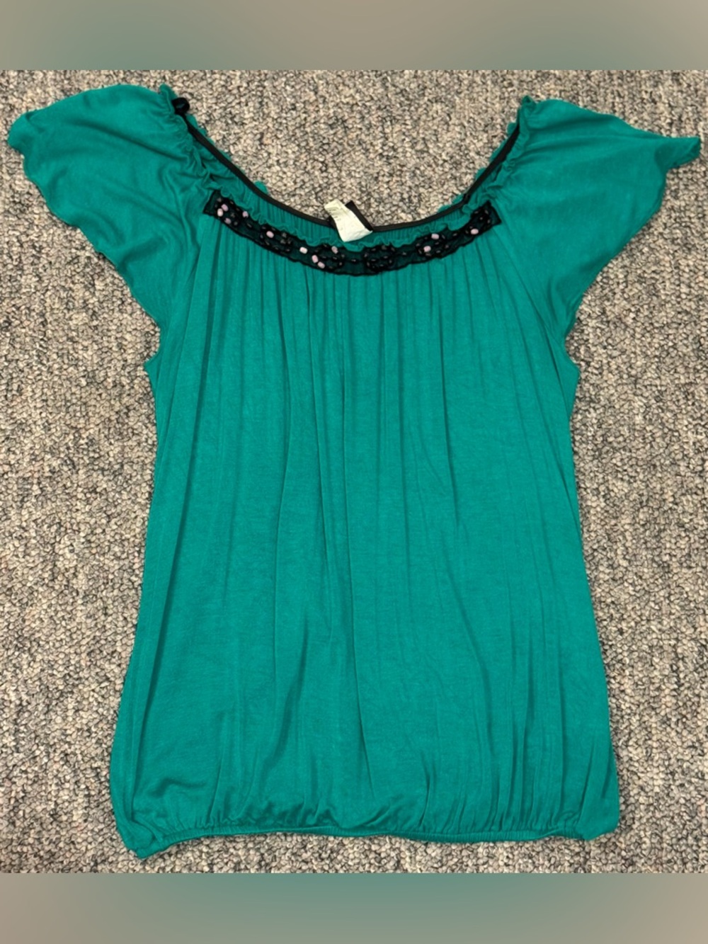 Boho Green Flutter Sleeve Top with Lace and Beads ~ Wrapper ~ Size Medium